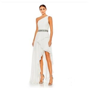 NWT $498 MAC DUGGAL PLEATED ONE SHOULDER ASYMMETRICAL RUFFLE HEM GOWN 49532​